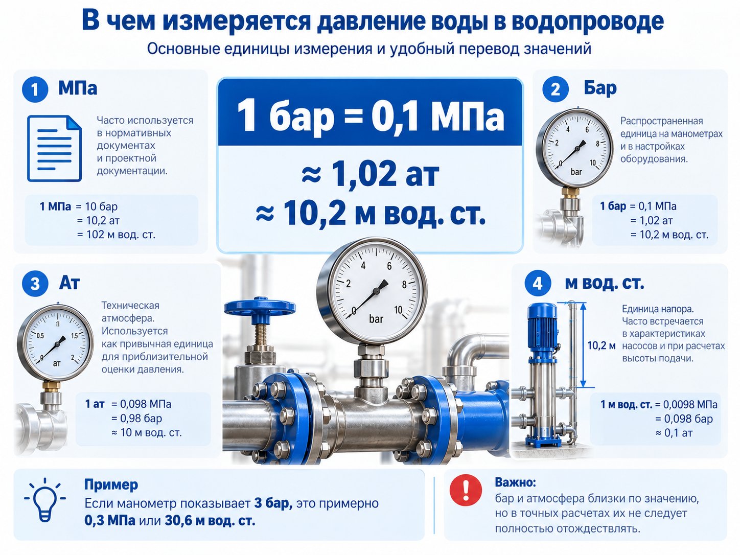 Единицы измерения давления воды: МПа, бар, атмосфера, метр водяного столба и перевод между ними